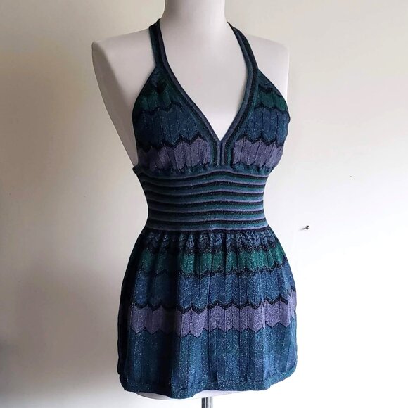 Metallic PEACOCK Halter T-back Sexy Top Clubbing Disco Shimmery Chevron - Picture 2 of 13